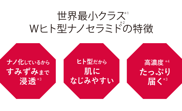 世界最小クラス*1 Wヒト型ナノセラミド*2の特徴 ヒト型だから肌に馴染みやすい ナノ化しているからすみずみまで浸透*3 高濃度*4たっぷり届く*3