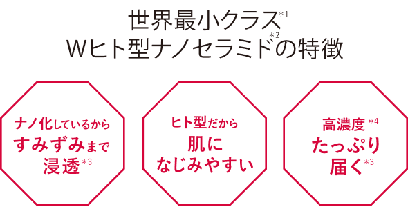 世界最小クラス*1 Wヒト型ナノセラミド*2の特徴 ヒト型だから肌に馴染みやすい ナノ化しているからすみずみまで浸透*3 高濃度*4たっぷり届く*3