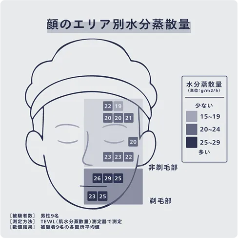 顔のエリア別水分蒸発量　イメージ図